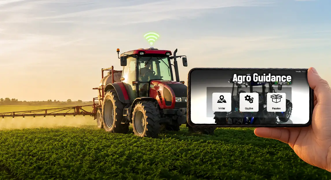 Trator pulverizador em operação no campo com Antena GPS Agronyx