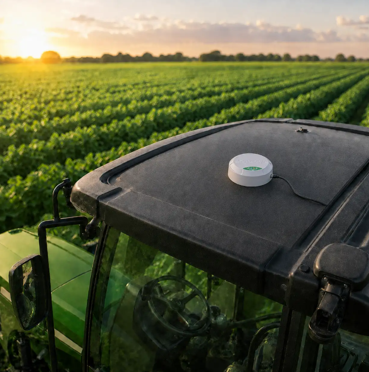 Antena GPS Agronyx instalada no teto de um trator